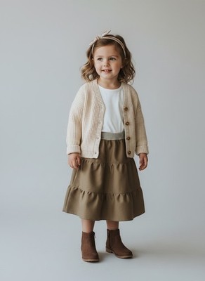 Skirt 100% Wool Girl 3 Midi Beige Ruffle Tiered Canvas Preppy Mom and Pop's Kids