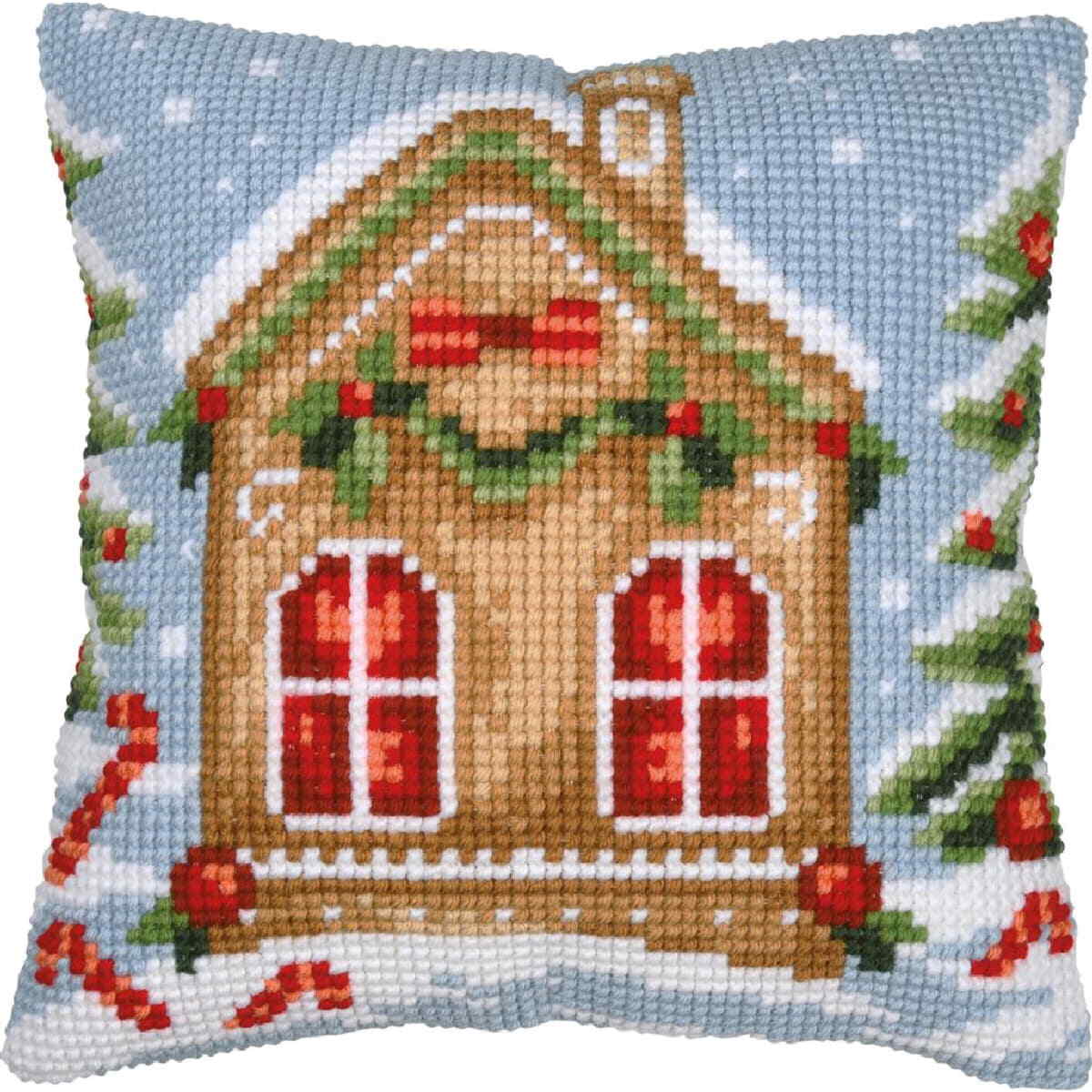 Vervaco stamped cross stitch kit cushion ""Gingerbread house"", 40x40cm
