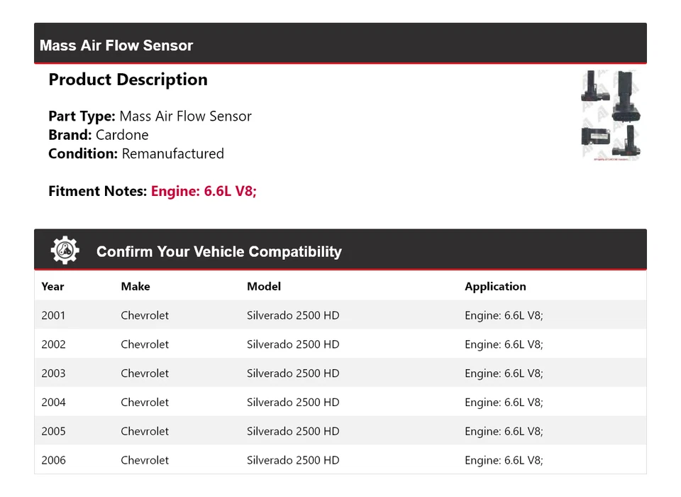 Sensor de fluxo de ar em massa Cardone para 2001-2006 Chevrolet Silverado 2500 HD 6.6L V8 - Imagem 2 de 4