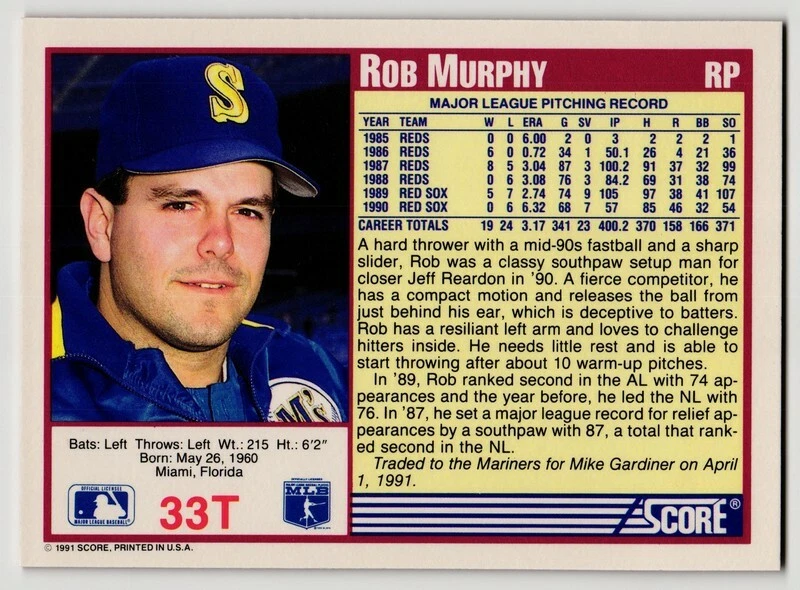 1991 Score Rookie/Traded #33T Rob Murphy - Image 2 of 2
