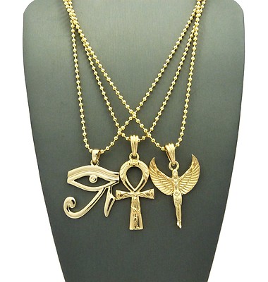 NEW EYE OF HERU, ANKH CROSS & ANGEL PENDANT &BALL CHAINS 3 NECKLACE SET - RC1417