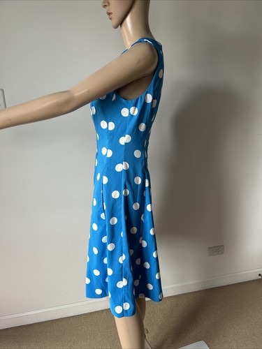 Vestido DressBarn Azul Blanco Lunares Sin mangas Bolsillos Hasta la rodilla Plisado 8/M - Imagen 8 de 15