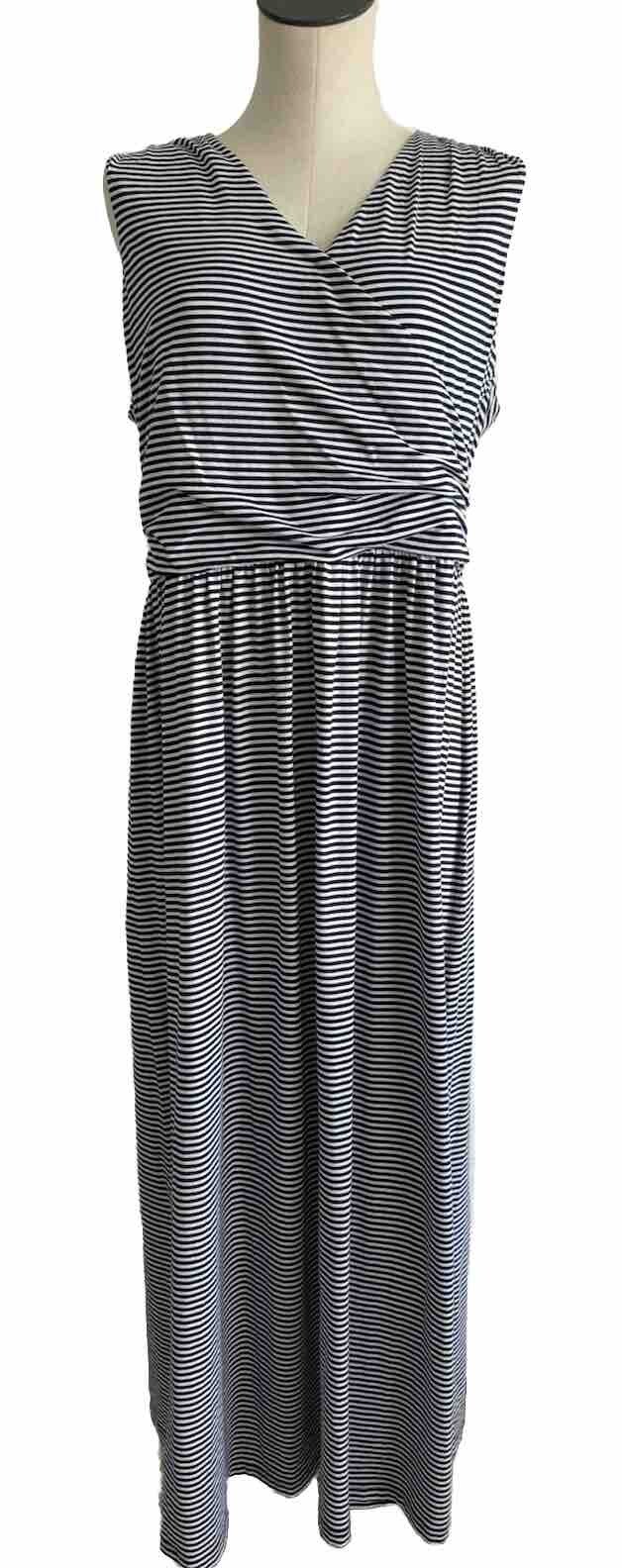 Lands End Maxi Dress Blue White Striped Faux Wrap V N… Gem