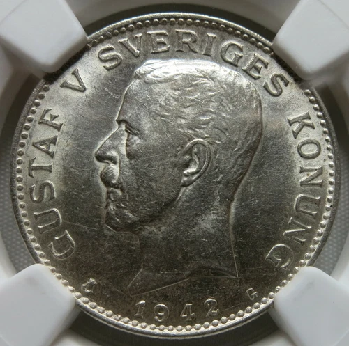SWEDEN Kingdom 1 krona 1942 G NGC AU 58 UNC Scarce King Gustaf World War Silver