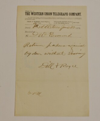 Western Union Telegraph Telegram Company 1870 1800's Author DW Darwin W. Esmond