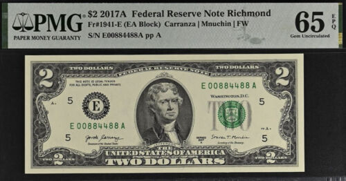 2017A $2 Federal Reserve Note PMG 65EPQ - Fancy Radar Serial Number 00884488 - Picture 2 of 3