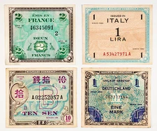 4 different countries WW2 Allied military currency Italy, Germany, France, Japan