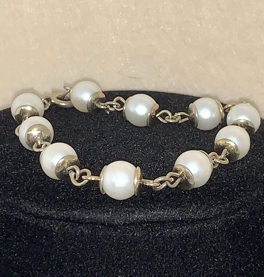 BRACCIALE ANNI 70 IN ARGENTO PL. ORO GIALLO E PERLE DI SINTESI LUNGO CM 19 - Immagine 4 di 4