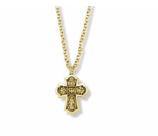 PEWTER GOLD PLATED FIRST COMMUNION CROSS FOUR WAY MEDAL NECKLACE AND CHAIN