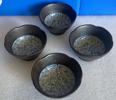 Lot Of 4 Japanese Tea/Soup Bowls 4.25  X 2.25  Black w/ Blue Bottom Glaze