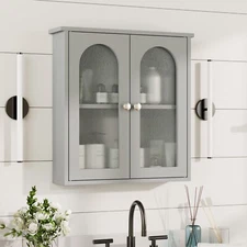 Gray Wooden Medicine Cabinet Organizer Storage Shelf Doors Bathroom Wall Mount