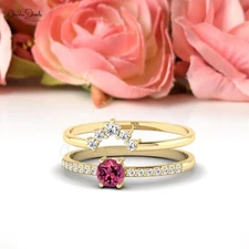 Handmade 14k Gold Pink Tourmaline 4mm Promise Band Diamond Birthday Gift for Her