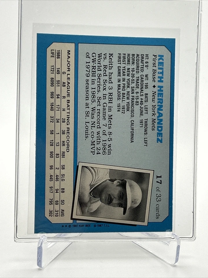 1987 Topps Kay-bee Keith Hernandez Baseball Card #17 Mint FREE SHIPPING - Image 2 of 3