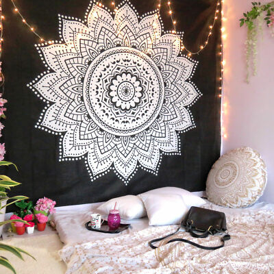 Mandala Tapestry Wall Hanging Indian Bohemian Black & White Sunflower Bedspread
