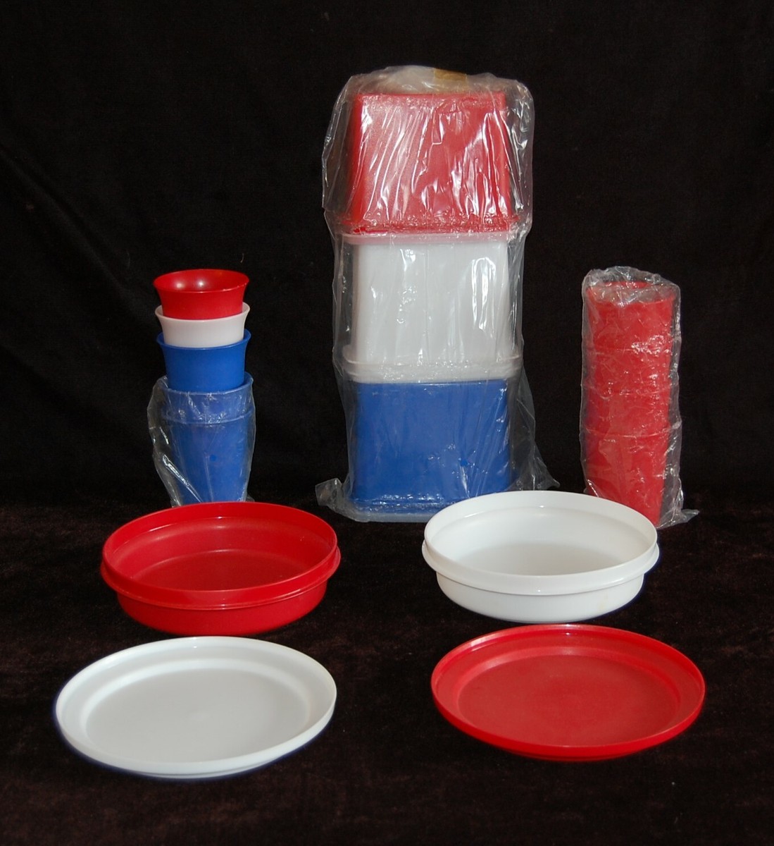 NEW Vintage Tupperware Red White Blue Set Cups Containers