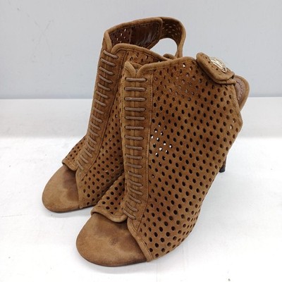 Louis Vuitton Perforated Brown Suede Open Toe Booties Sandals Women's Size 36.5