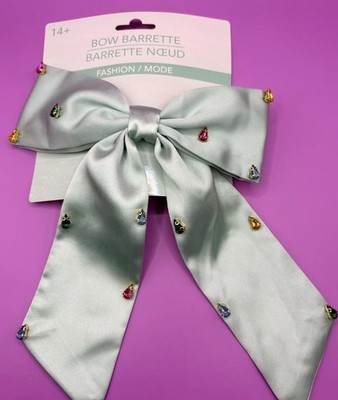 Silver Satin Bow Barrette Hair Clip with Rhinestone Accents, Embellished 