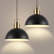 2 Black Pendant Lights Kitchen Island Farmhouse, Industrial Dome ￼