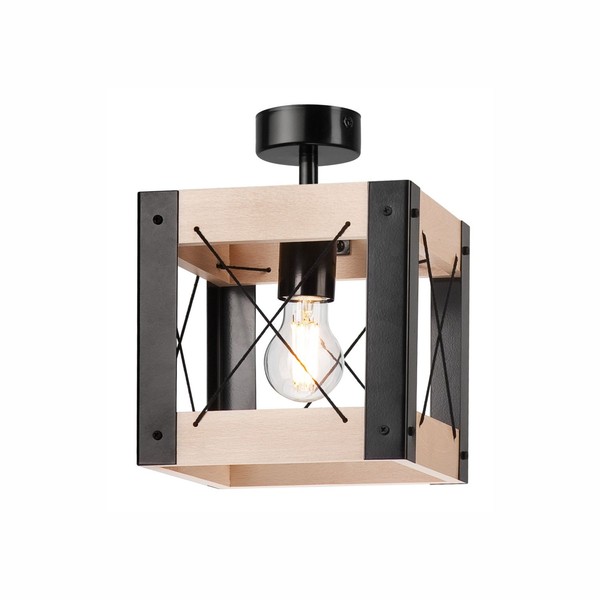 Deckenlampe Holz Metall Schwarz Eckig B: 20 Cm Klein E27 Rustikal Deckenleuchte-image