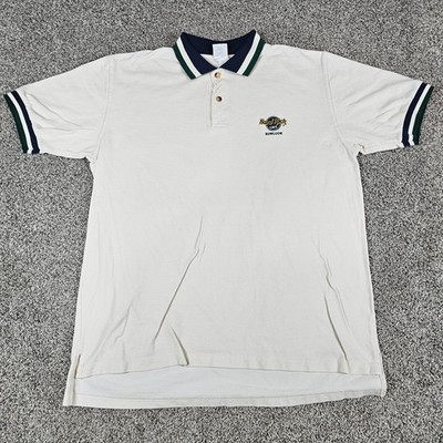Vintage Hard Rock Cafe Shirt Mens Large Polo Cream Y2K Logo Kowloon Hong Kong