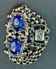 Antique Silver Tone Art Deco Czech Blue Gemstone Filigree Design Bracelet — photo 1