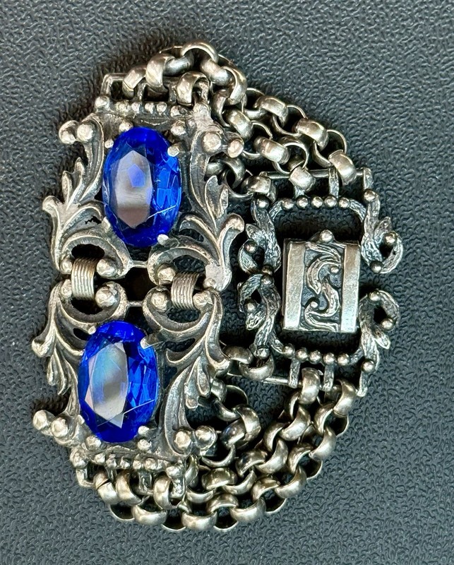 Antique Silver Tone Art Deco Czech Blue Gemstone Filigree Design Bracelet