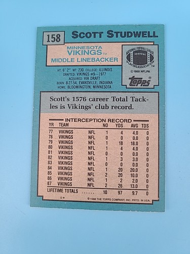 1988 Topps Scott Studwell #158 Totals Minnesota Vikings Football Card - Picture 2 of 2