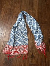 Scarf Geometric Tribal Boho Red Tassels Rectangular Blue 12" x 84" Lightweight