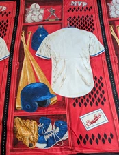 Blank Quilting Cotton Fabric Baseball HIT RUN SCORE Shirt Locker Panel 24" x 44"