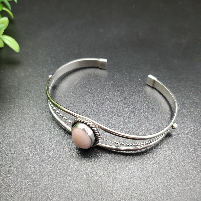 Brazalete brazalete de plata esterlina 925 rosa cuarzo piedras preciosas joyería talla ADJ Foto 3 de 4