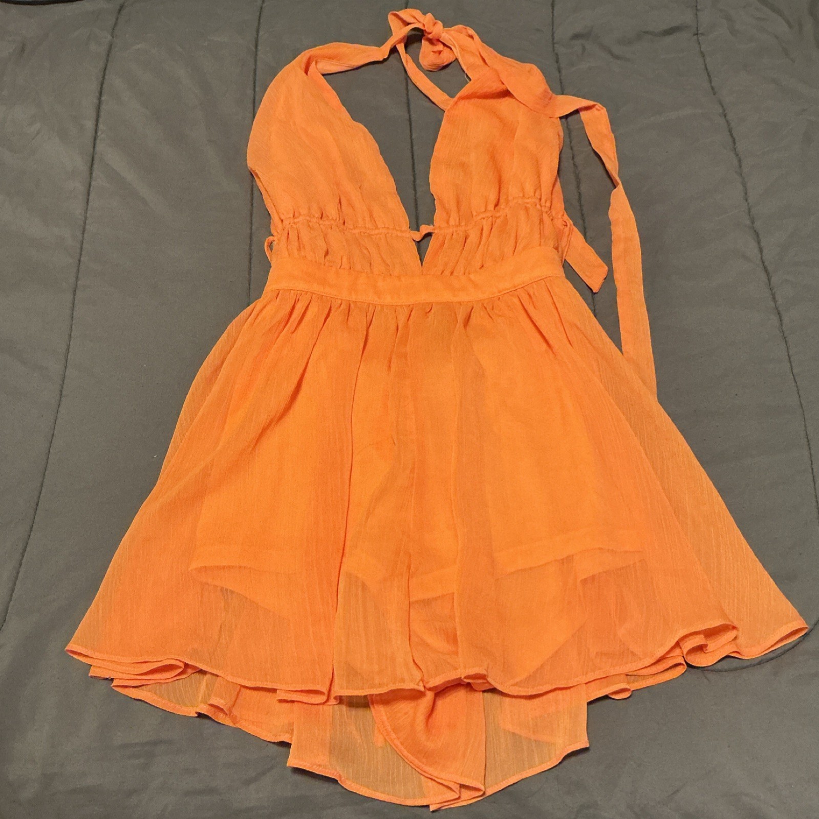 HERS & MIA Orange Rayon Halter Tie Layered Mini A-Line Dress S