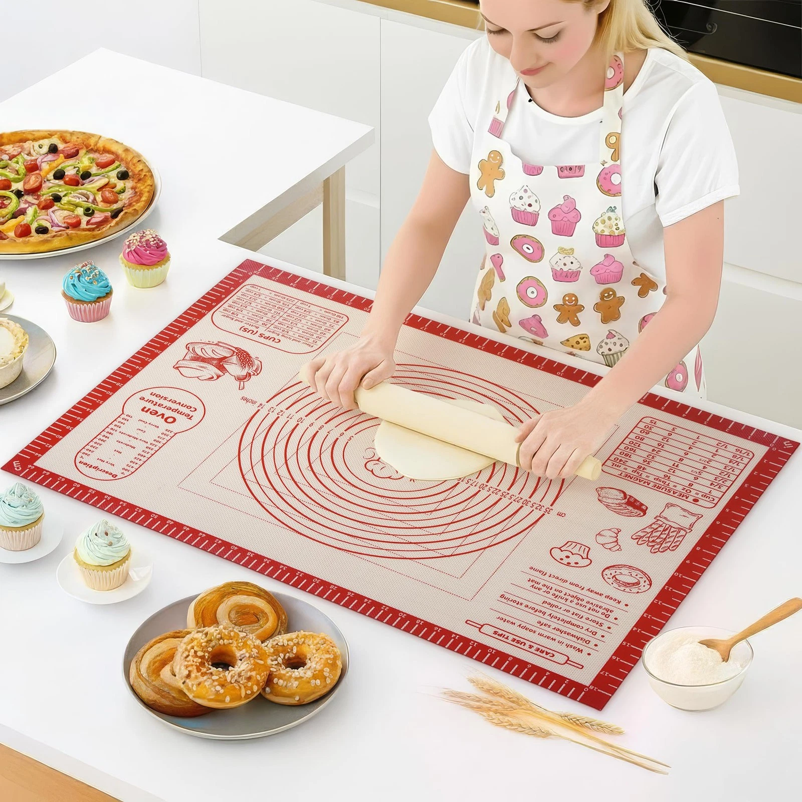 Silicone Baking Pastry Dough Mat - Non Slip Rolling Mat with Measurement Guid...