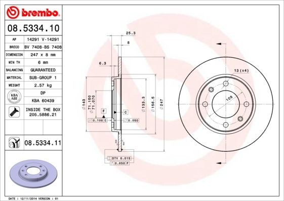 Pack de 2 - Disque de frein 08.5334.10 BREMBO pour Peugeot et Citroën