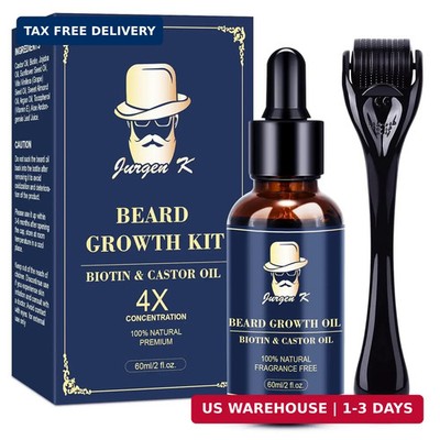 Jurgen K Beard Growth Kit, Upgraded Beard Growth Oil (2Oz) w/Biotin & Castor Oil