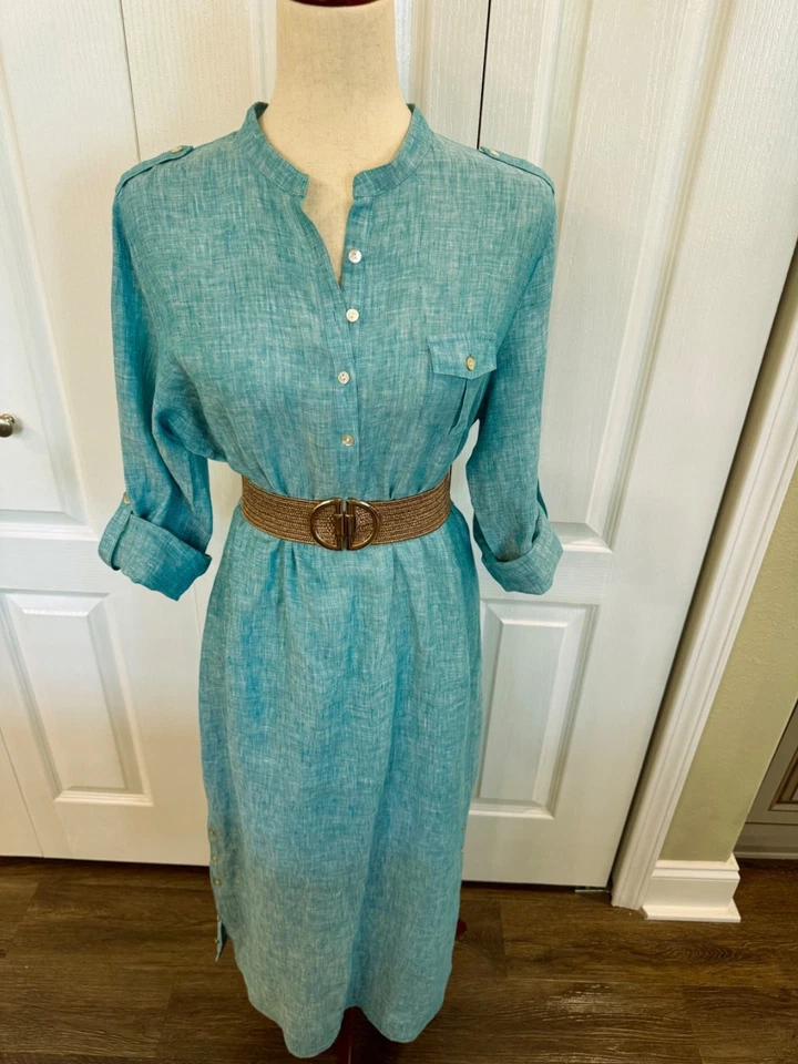 Vestido 100 % lino, mediano, midi-maxi, azul aguamarina vibrante, manga 3/4, aberturas laterales de 14" Foto 4 de 4