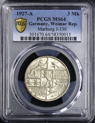 Weimarer Republik 3 Reichsmark 1927 A Universität Marburg PCGS MS64 - Bild 1 von 2