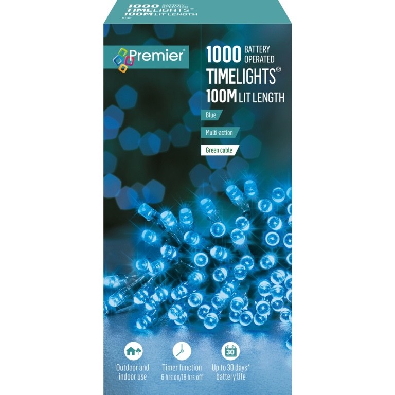 Premier 1000 LED Battery Operated Multi-Action Christmas Tree Lights Timer BLUE
