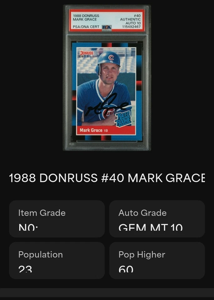 Tarjeta de novato firmada por Mark Grace Donruss #40 1988 autógrafo radiocontrol automático PSA 10 Cubs Foto 4 de 4