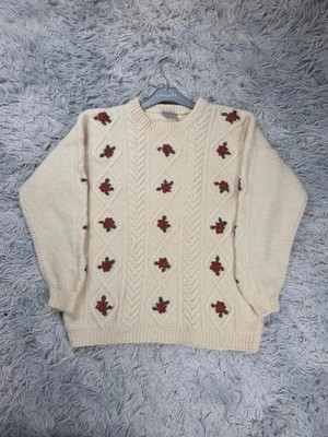 Aran Pullover Vintage 90s Target Pure New Wool creme Blumen bestickt Größe 16
