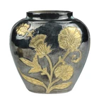 Enameled Brass Vase Short Oval Black & Embossed Floral 4" Decorative India Metal
