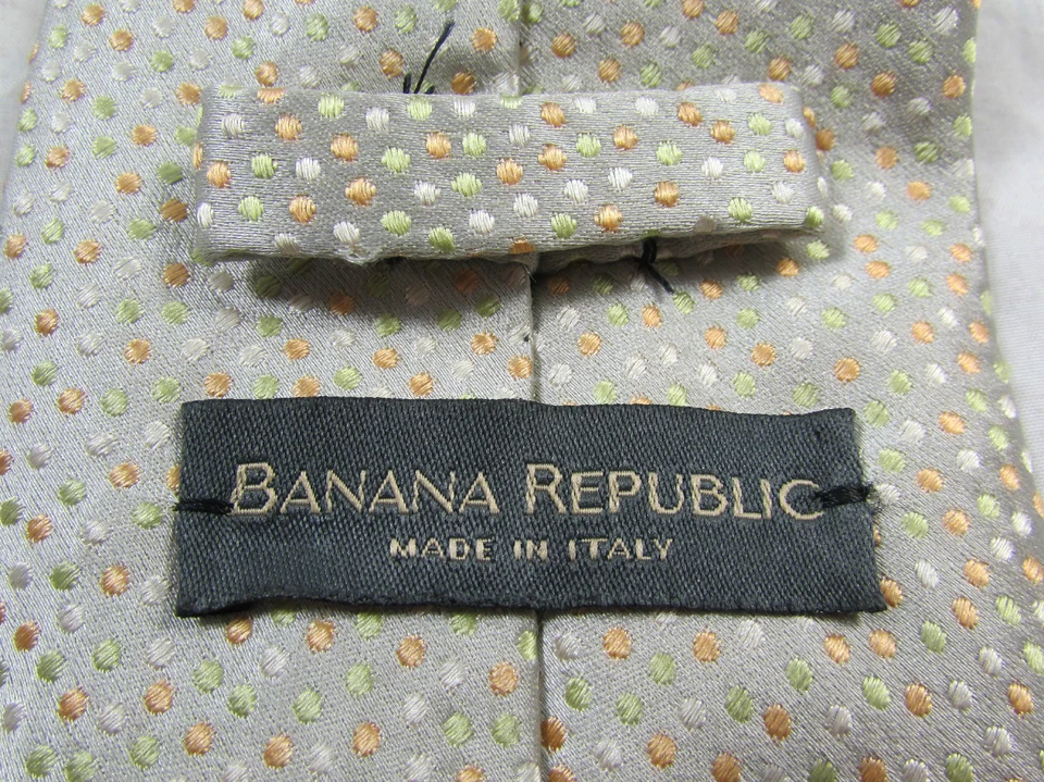 Corbata Banana Republic 100 % seda hecha a mano Italia plata bronceada puntos verde naranja Foto 4 de 4