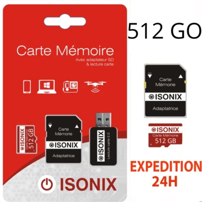 ISONIX Carte Mémoire Micro sd 32/64/128/ Go 100 ℅ Réel Capacité Et Class 10 +Adaptateur