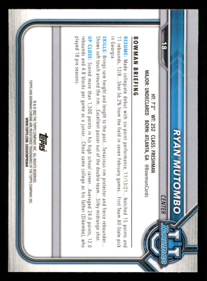 2021-22 Bowman Chrome University Refractors #18 Ryan Mutombo - Image 2 of 2