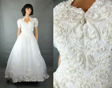 Vintage Wedding Gown Sz S White Satin Chiffon Beaded Dress w Cathedral Train