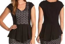 Karen Kane 4L14186 Black/White Cutout Front Peplum Stretch Jersey Top - $88