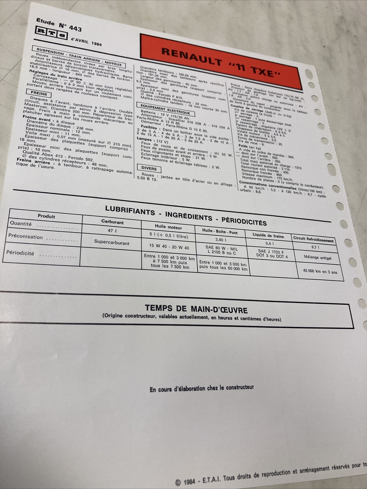 Automobile Technical Sheet Renault 11 TXE R11 R11TXE Edition 84 RTA eBay