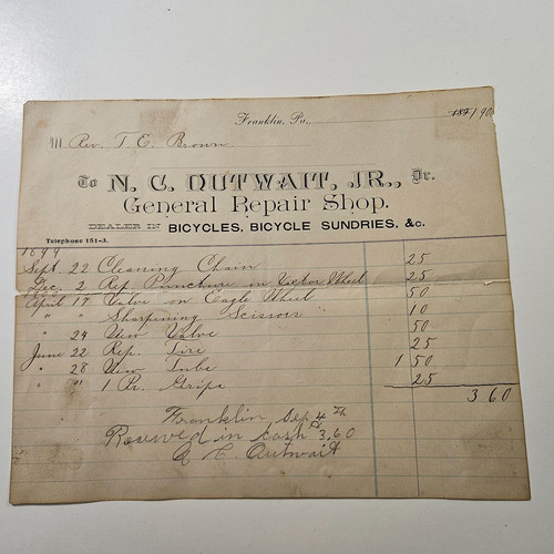 Original 1900 Bill Head N.C. Outwait Jr Bicycle Repair Shop Invoice NO Reserve