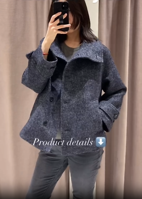 Zara Short Herringbone Wool Coat ZW Collection Blue Grey Size XL