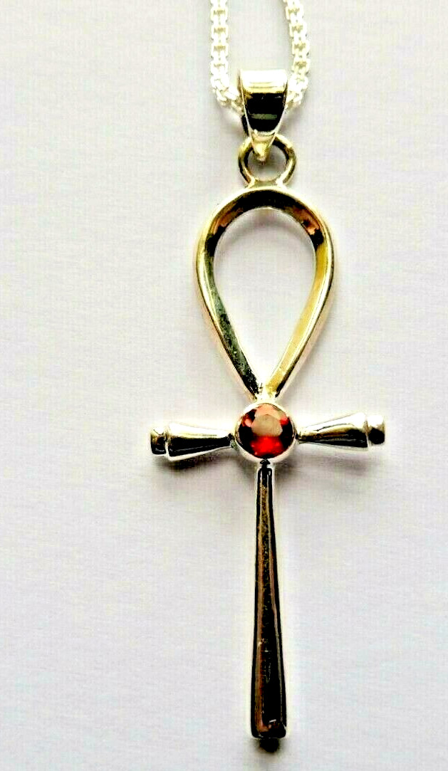 Pendentif égyptien Ankh grenat collier argent massif mixte 55x20mm