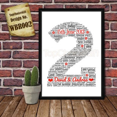 PERSONALISIERTES 2. Hochzeitstag Geschenk Druck Wordart Gruß Poster Geschenk